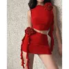 Vestidos casuais sexy vermelho duas peças conjunto para mulheres roupa elegante conjuntos femininos 3d flor outono manga colheita tops cintura baixa saia fita roupas