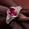 Cluster Anéis Coreano Oval Rosa Vermelho Diamante Imitação Turmalina Conjunto com Zircão Anel Aberto Feminino Vivendo