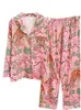 Vrouwen Nachtkleding Set Herfst Satijn Lange Mouw Pyjama Turn Down Kraag Faux Zijde Print Vrouwelijke Pijama Homewear Kleding 240108