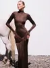 Articat High Neck Long Sleeve Bodycon Dress for Women Tight Elastic Pet Maxi Autumn 2023 Party Club Vestidos 240109