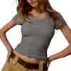 Women's T Shirts Skinny V Neck Cropped Tops Striped/Solid Color Casual Slim Fit Sexy Off Shoulder Short Sleeve T-Shirts