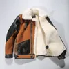 Marrón AVIREXFLY chaquetas de cuero genuino con forro de piel de cordero bolsillo de cuero de gamuza cuello de solapa mantener caliente