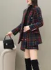 Herfst Dames Pak 2 Stuks Tweed Blazer Jasje en Rok Set Plaid Tweedelige Mini 240109