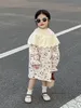 Girls floral printed dresses with hollow knitted poncho 2pcs sets kids flare sleeve princess dress 2024 spring children clothes Z6614