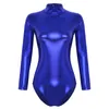 Scenkläder sexiga kvinnors metalliska glänsande atletiska leotard bodysuit balettdans prestanda kostymer håliga hals långärmad bodycon jumpsuit