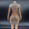 Stadiumkleding Bruin Shining Rhinestone Crystal Sexy Schede Jurk Voor Vrouwen Avondfeest Kleding Zanger Uitvoeren Kostuum Verjaardag Draagt