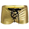 YiZYiF Uomini Sexy Boxer Corto Fetish Biancheria Intima Mutandine Pelle Verniciata Lucida Esotico Coulisse Metallic Boxer Shorts Costumi Da Bagno Spiaggia 240109