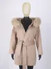 Furyoume Cashmere Wool Coat Real Fox Fur Collar Kurtka Zimowa moda luźna casaco odzieży wierzchniej dla kobiet z paskiem 240108