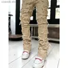 Men's Jeans Men's Skinny Jeans Fringe Hip-hop Raw Edge Elastic Patch Punk Rock Long Tight Fit Stacked Jeans Denim Pants Blue Pink Streetwear T240109