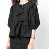 Women's Blouses Spring Summer Girls Bow Tie-up Peplum Top in Cotton Puff Sleeve Black White Cute for Women Fashion 2024
