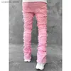 Men's Jeans Men's Skinny Jeans Fringe Hip-hop Raw Edge Elastic Patch Punk Rock Long Tight Fit Stacked Jeans Denim Pants Blue Pink Streetwear T240109