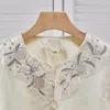 Women's Blouses Satin Embroidery Shirts Silk Chinese Style O-neck Ladies Clothing Fashion Long Sleeves Tops YCMYUNYAN