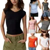 Women's T Shirts Skinny V Neck Cropped Tops Striped/Solid Color Casual Slim Fit Sexy Off Shoulder Short Sleeve T-Shirts