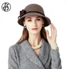 Berets FS Deep Grey Wool Felt Fedoras Wide Brim Bowler Hats Women Black Millinery Chapeau Autumn Winter Ladies Cloche Cap