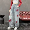 Grandes filles fleurs serviette broderie jeans enfants pantalons jambes larges droites 2024 printemps adolescents lâches pantalons de cowboy décontractés Z6601