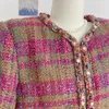 Kvinnors jackor vintage pärlor rosa rutiga tweed jacka o nacken långärmad korea elegant kontor liten doft kvinnor fransk kappa höst