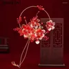 Fleurs de mariage JaneVini Vintage Style chinois rouge mariée mariée ventilateur artificiel à la main perles perlées creux Bouquet Fleur