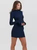 Mozision темно-синее сексуальное мини-платье с двумя карманами для женщин 2023, осень-зима, облегающее платье с длинными рукавами для клубной вечеринки, элегантное 240109