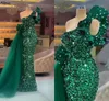 Oogverblindende donkergroene galajurken met lovertjes en tule Peplum Eén schouder Ruches Zeemeermin Avond Celebrity-jurken Arabisch Dubai Formele gelegenheid Robe de Soiree CL0760