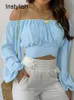 Vrouwen Elegante Off-Shoulder Print Blouse Sexy Lace Up Bow Backless Slim Shirt Casual Lange Mouw Chic Crop Top streetwear Tuniek 240109