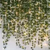 1pc 2m/78.75 pulgadas plantas de hoja de hiedra artificial con luces de cuerda LED, luces colgantes de guirnaldas de vides verdes, sala de bodas de la pared, cocina, decoración exterior de interior