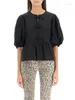 329 Damesblouses Lente Zomer Meisjes Vlinderdas Peplum Top in Katoenen Bladerdeegmouwen Zwart Wit Schattig voor Dames