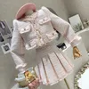 High Quality Korean Style Tweed Suit Women Fall Tassel Jacket Short Coat Waist Mini Pleated Skirt Two Piece Set Female 240109