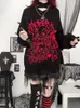 Kvinnors tröjor Kvinnor Vintage Print Grunge Sueter E-Girl Fashion Cartoon Black Sweater Y2K Eesthetic Sticked Jumper Ripped Gothic Pullover