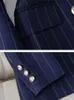Moda S-8xl Office Ladies Formal Pant Suit Zestaw Kobiet Blue Striped Fembels Work Wear 2-Place Blazer Jacket and Spodni 240108