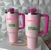 Rosa flamingo muggar nya 40oz muggar tumlare med handtag isolerade tumlar lockar halm rostfritt stål kaffermins cup h2.0 valentin dag gåva kosmo parad