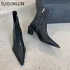 Suojialun Autumn Women Ankle Boots Fashion Point Toe Square Toe Low Heel Ladies Elegant Chelsea Boots Kort stövlar 240108