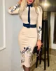 Women Sexy Elegant Contrast print Long Sleeve Slim Long Dress with Belt Lady Wrap Hips Bodycon Party Evening Dresses Clubwear Ve 240109