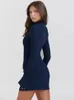 Mozision темно-синее сексуальное мини-платье с двумя карманами для женщин 2023, осень-зима, облегающее платье с длинными рукавами для клубной вечеринки, элегантное 240109
