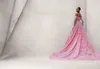 Party Dresses Luxury Pink Rhinestone A-Line Long Prom Shiny Beaded Feather Boat Neck Bowns Se genom full ärmar Formell klänning