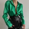 Autumn Shirt Women's Polo Collar Office Lady blouse Vintage Blue Green Shirt Loose Button Up Down Shirts Black Fashion Tops 240109
