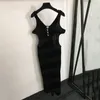 Black Veet Sling Dresses for Women Sexy V Neck Party Skirts Designer Split Dress Back Rhinestone Letter Pendant Zipper