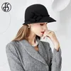 Berets FS Deep Grey Wool Felt Fedoras Wide Brim Bowler Hats Women Black Millinery Chapeau Autumn Winter Ladies Cloche Cap