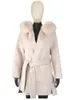 Furyoume Cashmere Wool Coat Real Fox Fur Collar Jacket Winter Long Fashion Loose Outerwear Casaco för kvinnor med bälte 240108