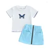 Clothing Sets Toddler Kids Girls Summer 2Pcs Outfits Ribbed Shorts Sleeve Butterfly Print Tee Top PU Leather Zipper Skirt Set (Light Blue