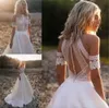 Western Garden Boho Trouwjurken Een Lijn Juweel Hals Kant Satijnen Bruidsjurken Knopen Achter Strand Robe De Mariee Plus Size