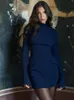 Outono elegante azul escuro malha mini vestido sexy sólido bolso manga longa bodycon vestidos chique senhora festa clube robe vestidos 240109