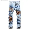 Mäns jeans leopard patch jeans män trasiga broderi mikro kapitel hög elastisk mjuk andningsbar säsong trend slitna korn dekoration 22 T240109