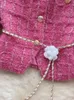 Automne hiver mode Rose rouge laine deux pièces ensemble femmes bouton doré chaîne ceinture Tweed veste courte CoatSplit Midi jupe costume 240109