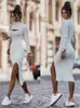 Women White Knitted Long Midi Dress Autumn Winter Solid Office Lady Pullover Bodycon Slim Sleeve Sweet Sexy Sweater 240109