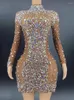 Stadiumkleding Bruin Shining Rhinestone Crystal Sexy Schede Jurk Voor Vrouwen Avondfeest Kleding Zanger Uitvoeren Kostuum Verjaardag Draagt