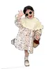 Girls floral printed dresses with hollow knitted poncho 2pcs sets kids flare sleeve princess dress 2024 spring children clothes Z6614