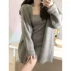 Arbetsklänningar Evening Party Sticked Suit 2024 Autumn Grey 2 Piece Dress Set Women Casual Long Sleeve Cardigan Bodycon Strap tröja