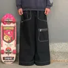 Damen Jeans JNCO Vintage Große Tasche Bedruckt Gerade Hohe Taille Y2K Gothic Baggy Hip Hop Streetwear Skateboard Hose