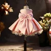 Girl Dresses Pink Satin Flower For Wedding Baby Pearls Puffy With Bow Cute Party Kids Pageant Birthday Ball Gowns Dress