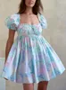 Vestidos de fiesta GypsyLady Floral Casual Chic Mini Vestido Puff Manga Azul Verano Sin Espalda Sexy Vacaciones Mujeres Damas Volantes Vestido